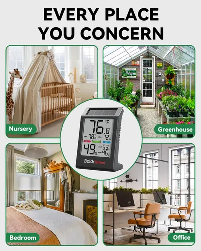 Vista 9 de BALDR Indoor Thermometer Hygrometer, Solar Power with Battery Backup, Large Display, Daily Max/Min & Comfort Indicator Humidity Meter（Black）