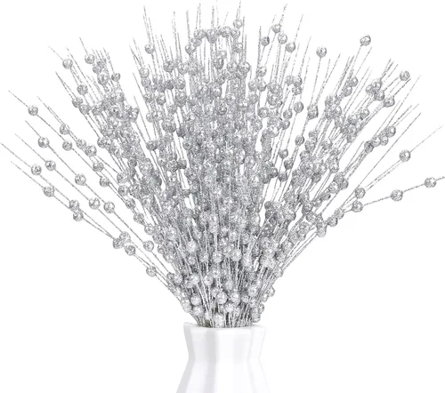 Vista 14 de 12 piezas de bayas artificiales con purpurina rosa, púas artificiales de Navidad con tallos de bayas para decoraciones de Navidad, palos falsos