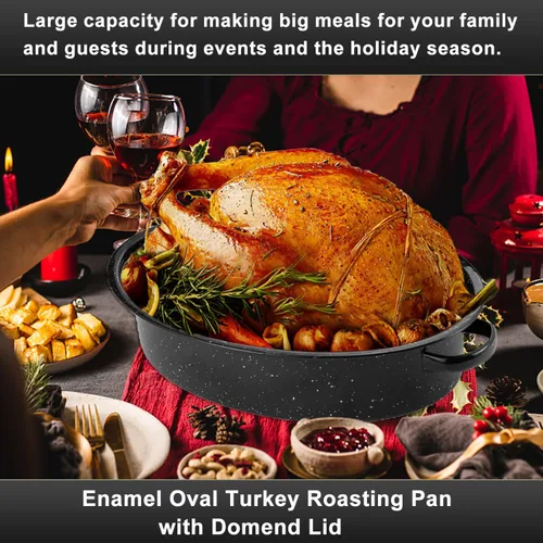 Vista 4 de Sartén para asar pavo ovalada esmaltada de 14.6 pulgadas con tapa abovedada, regalo para la madre, cubierta, antiadherente, libre de productos