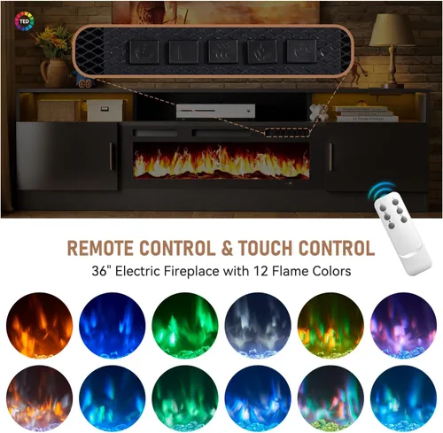 Vista 7 de MXV - Soporte de TV con chimenea de 70 pulgadas con toma de corriente para televisores de hasta 80 pulgadas, centro de entretenimiento con chimenea
