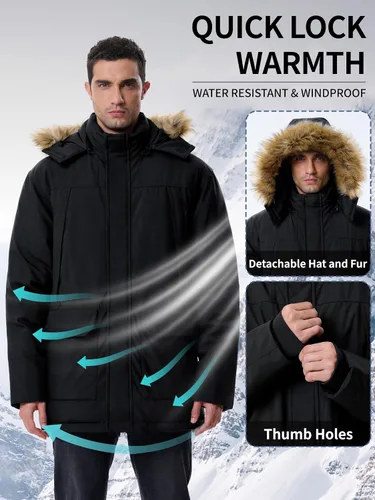 Vista 5 de Abrigos de invierno para hombre, chaquetas de invierno, impermeables, gruesas, cálidas, aisladas, parka, larga, con capucha
