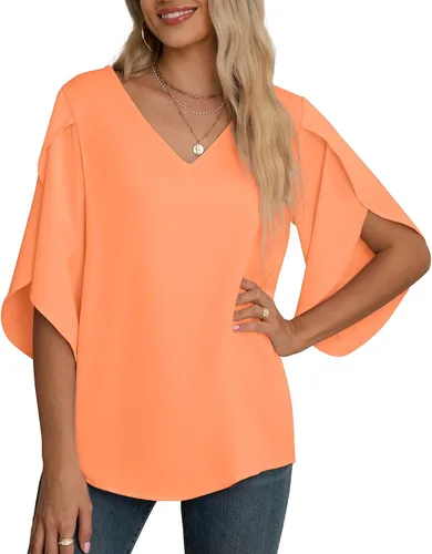 Vista 33 de Blusas de gasa con mangas 3/4 arrugadas de otoño para mujer de Jouica 01amy Verde