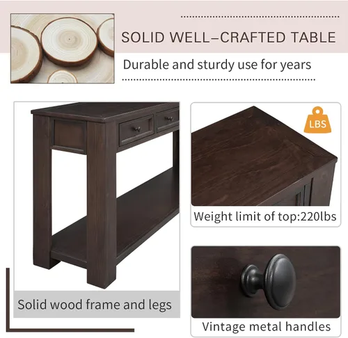 Vista 6 de Mesa consola rústica de 64 pulgadas para entrada, sofá de madera, mesa auxiliar con cajón y estante de almacenamiento para pasillo, mesa ocasional