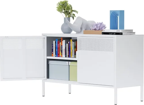 Vista 19 de Gabinete de almacenamiento de metal ancho negro, gabinete de acento de 2 puertas para el hogar y la oficina, gabinete de metal bajo de 2 niveles