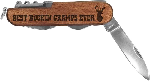 Vista 2 de Cuchillo Gramps Best Buckin' Gramps Ever Grabado con láser Madera Oscura 6 funciones Cuchillo de bolsillo Multiherramienta
