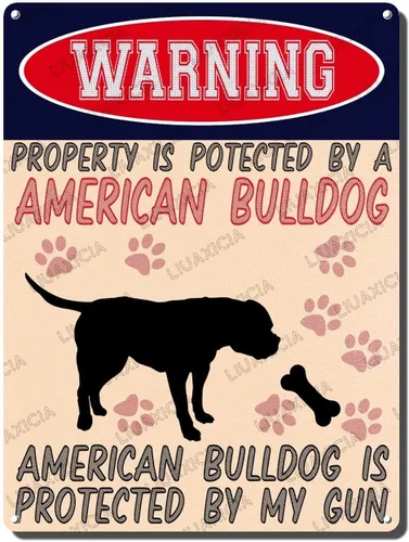 Vista 16 de LIUAXICIA Letreros divertidos de metal con texto en inglés "Warning Property is Potected by A American Bulldog is Protected by My Gun" The Coffee