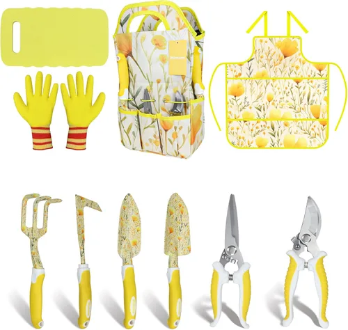Vista 9 de Juego de herramientas de jardinería marrón de 12 piezas, kit de herramientas de mano de jardín con mango ergonómico antideslizante, bolsa