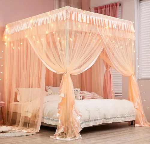 Vista 24 de Mengersi Cortina para Dosel de Cama Princesa, con 4 Esquinas, Dosel con Mosquitero para Cama de Princesa (Blanco, Doble)