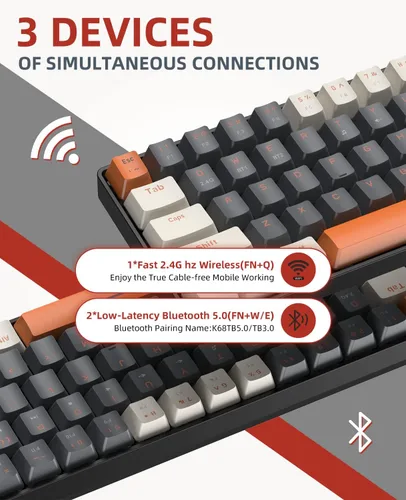 Vista 3 de ZIYOU LANG RK68 Teclado mecánico inalámbrico 60%, receptor de modo dual Bluetooth 5.02.4Ghz, mini 68 teclas intercambiables en caliente, teclas