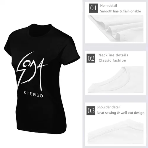 Vista 5 de Soda Music and Stereo - Camiseta de manga corta para mujer, diseño de cuello redondo, estampado casual, color negro