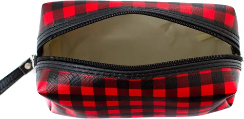 Vista 4 de Leisureland Bolsa de cosméticos de dos tonos de lona de algodón maquillaje bolsa de embrague, rojo (Buffalo Plaid Red)