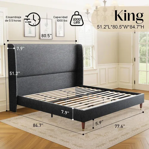 Vista 2 de PaPaJet Base de cama King tapizada de lino de 51.2 pulgadas de alto, color Gris oscuro