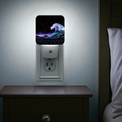 Vista 7 de Waves Night Lights Plug Into Wall, Retro Futuristic Stars Mountains Summer Blue Smart Led Plug in Night Lights for Wall Socket for Bedroom Kids Room