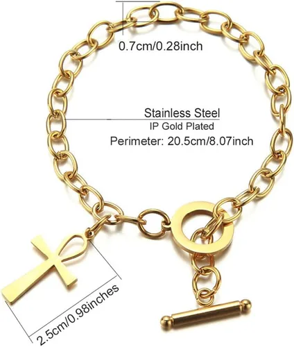 Vista 2 de ZKXXJ Pulsera de cruz Ankh para hombres y mujeres, pulsera de eslabones de acero inoxidable con dije de cruz egipcia Ankh, joyería egipcia, pulsera