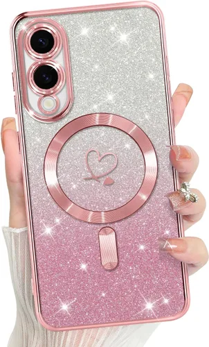 Vista 657 de Bonoma - Funda compatible con Samsung Galaxy S21 Plus, diseño de corazón con purpurina, color rosa Support for MagSafe, Plating Magnetic Case TPU