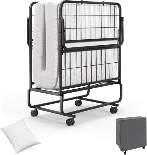Vista 12 de GOFLAME Cama plegable con colchón de espuma viscoelástica, cama de invitados de tamaño individual con marco de metal resistente, cama plegable