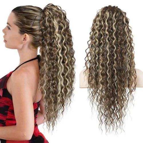 Vista 9 de Flufymooz Extensión de cola de caballo, 22 pulgadas, estilo bohemio, con cordón, extensiones de cabello para mujer, cola de caballo larga, rizada