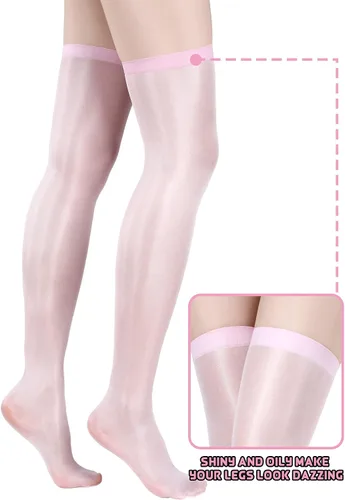 Vista 3 de Geyoga 4 pares de medias altas brillantes para Halloween, cosplay, calcetines de seda brillante, calcetines transparentes sobre la rodilla para mujer