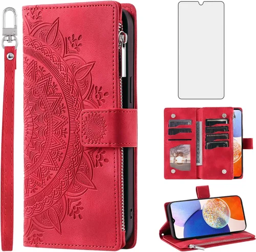 Vista 7 de Asuwish Funda para teléfono Samsung Galaxy A14/M14 5G con protector de pantalla de vidrio templado y correa para la muñeca Mandala Flower Flip Gris