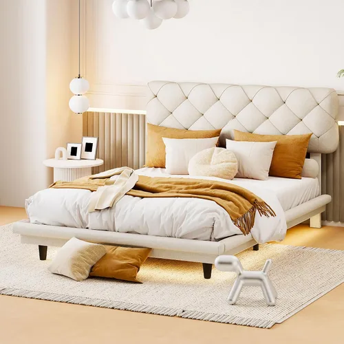 Vista 34 de Cama de plataforma flotante, marco de cama de madera tamaño individual con rayas claras, tela de lino suave y cabecera de diseño capitoné
