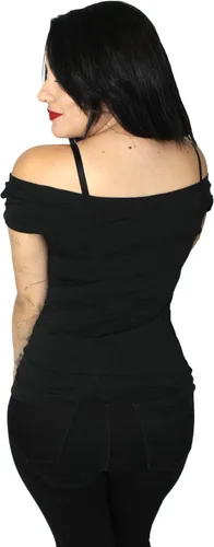 Vista 2 de Sexy Gothic Slashed Biker Tee Off Hombro Negro Concierto Pinup Top