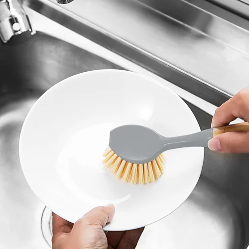 Vista 2 de Paquete de 2 cepillos para platos con mango de bambú, raspador integrado para platos, cepillo para sartenes, ollas, limpieza de mostrador