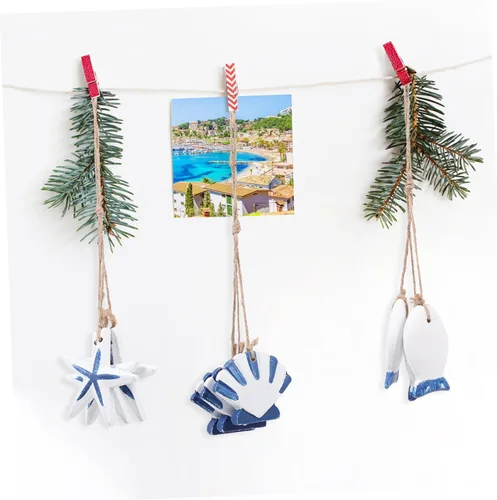 Vista 2 de DECHOUS Juego de 3 adornos de pared hechos a mano con peces y vieiras de madera estilo mediterráneo