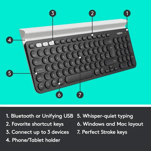 Vista 6 de Logitech K780 Teclado Inalámbrico Multidispositivo para Computadora, Teléfono y Tableta – Compatible con Control de Varios Ordenadores FLOW