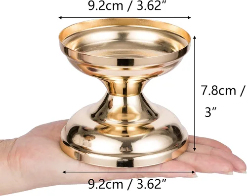 Vista 3 de NUPTIO Portavelas dorados para boda: 2 piezas de soporte de pedestal de pilar pequeño y redondo de metal votivo para mesa de comedor, sala de estar