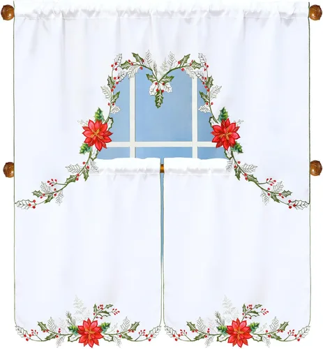 Vista 10 de Juego de cortinas bordadas de bastón de caramelo para ventana de cocina con cenefa y niveles para las fiestas navideñas (Bastón de caramelo)