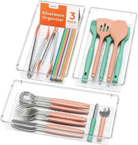 Vista 9 de Lifewit Organizador de cajones de cubiertos, bandeja transparente de utensilios de 5.75 x 11.65 pulgadas para cajón de cocina, organizador