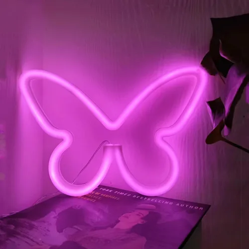 Vista 18 de Letreros de neón de mariposa rosa coral para pared, oficina, apartamento, dormitorio, boda, fiesta de cumpleaños, decoración de mariposa de neón 1
