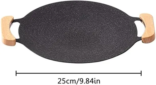 Vista 2 de Sartén coreana con revestimiento antiadherente, sartén redonda de hierro fundido de 10 pulgadas con 2 soportes de madera, compatible con inducción