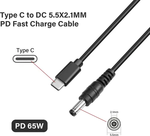 Vista 2 de GINTOOYUN Cable de carga USB C a DC5521 de 65 W PD USB tipo C de entrada a CC 0.217 x 0.083 in, cable de carga de alimentación de salida
