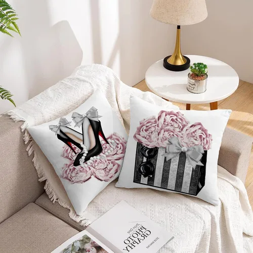 Vista 7 de Juego de 2 fundas de almohada decorativas de terciopelo suave para sofá o cama, de color rosa y gris, de 18 x 18 pulgadas, fundas de almohada 01