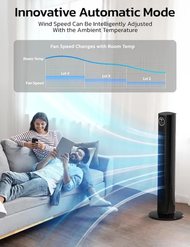 Vista 5 de ZAFRO Ventilador de torre para dormitorio, ventilador oscilante de 90° con 4 modos, 3 velocidades, velocidad de 25 pies/s, temporizador de 12 horas