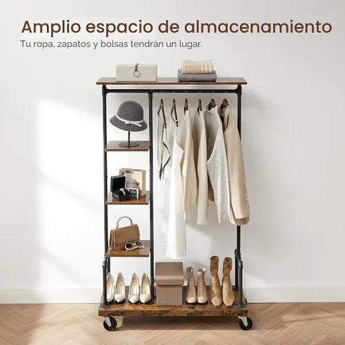 Vista 3 de VASAGLE UHSR66BX - Perchero para ropa con ruedas, organizador de ropa portátil con 5 niveles, estilo de tubería industrial, marrón rústico