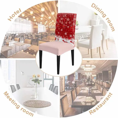 Vista 5 de YOKOU Juego de 4 fundas elásticas para sillas de comedor, diseño de copos de nieve, estrellas, fondo rojo, invierno, fundas protectoras extraíbles
