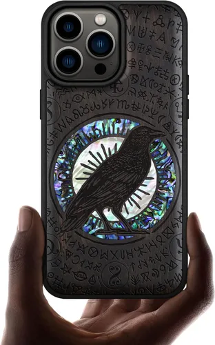 Vista 11 de Carveit Funda magnética de madera de diseñador para iPhone 14 Pro Max, grabado en madera e incrustaciones de concha, funda de madera única