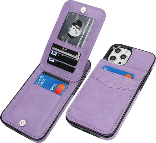 Vista 17 de KIHUWEY - Funda tipo cartera para iPhone 12 Pro Max, soporte para tarjetas, color negro Ranuras para tarjetas de crédito, piel sintética, cierre