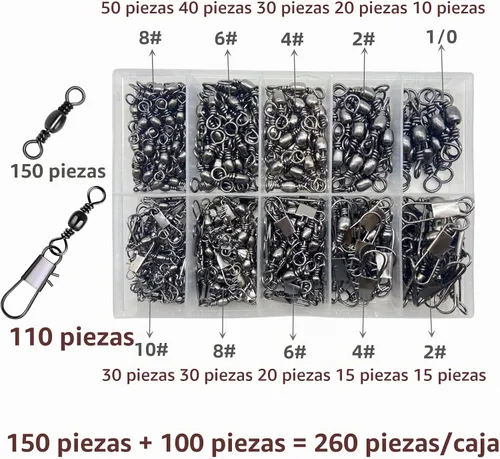 Vista 2 de 260Pcs/Caja con Giras de Barril de Pesca de Acero Inoxidable 150Pcs/Giras de Barril con Broches 110Pcs Mezcla, Conector de Alta Resistencia