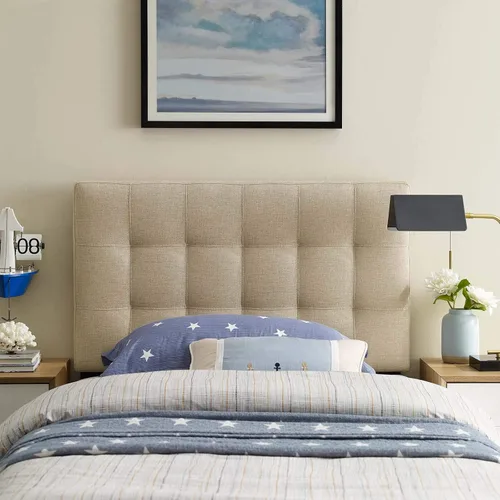 Vista 2 de Modway Lily Cabecero doble tapizado de tela de lino con botones en beige