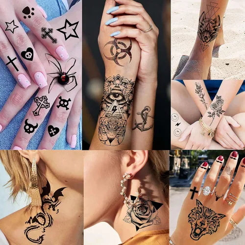 Vista 4 de VANTATY 50 hojas de tatuajes temporales negros para hombres y adultos, animales de lobo león dragón, falsos pequeños tatuajes temporales