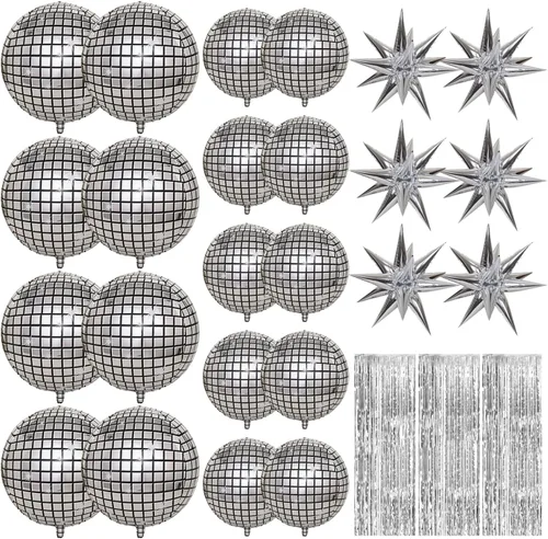 Vista 8 de 24 globos de bola de discoteca con 3 cortinas de flecos de aluminio, enormes globos de aluminio de estrella de explosión plateada para cumpleaños