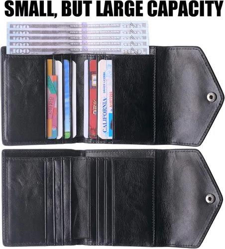 Vista 4 de Borgasets Cartera pequeña para mujer, de piel auténtica, con bloqueo RFID, organizador de bolsillo, compacto, plegable, mini bolso para mujer