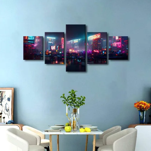 Vista 3 de Póster de 5 paneles en lienzo para decoración de pared, diseño de centro urbano Cyberpunk, impresión moderna, decoración de pared para el hogar