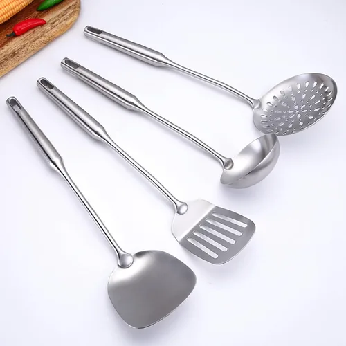 Vista 7 de Juego de utensilios de cocina de acero inoxidable 304 de 4 piezas con asas extralargas, espátula, cucharón, cuchara ranurada, espátula ranurada