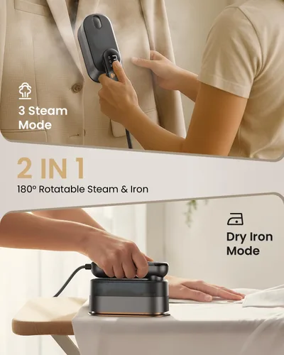 Vista 4 de LOXP Plancha de vapor de mano 2 en 1 para ropa, vaporizador de viaje de 1000 W con suela de cerámica, calentamiento rápido 9s, tanque a prueba