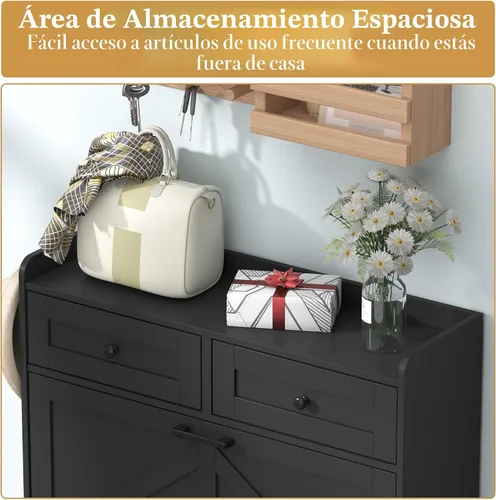 Vista 4 de Thacuok Gabinete de zapatos negro con 2 cajones abatibles y 2 cajones de almacenamiento, armario organizador de zapatos estrecho rústico de granja