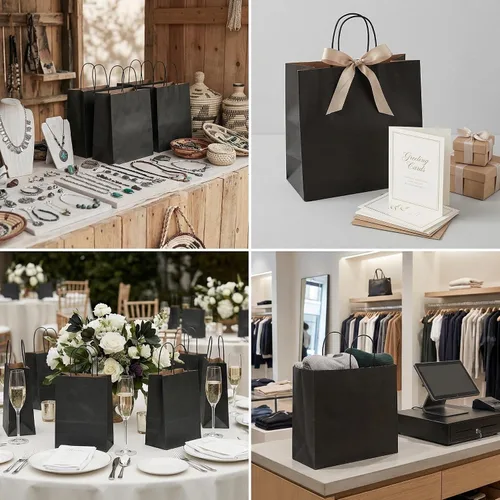 Vista 5 de PAICUIKE 100 bolsas grandes de papel negro con asas, bolsas de compras a granel de 13 x 7 x 13 pulgadas para pequeñas empresas, regalo para el día